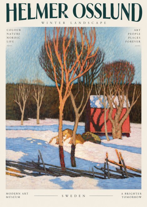 Helmer Osslund Winter Landscape with Red Barn No6 - Plakát
