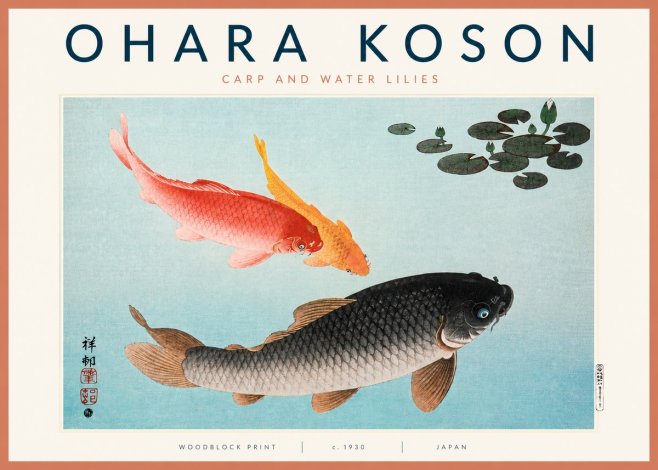 Ohara Koson Carp and Water Lilies No3 - Plakát