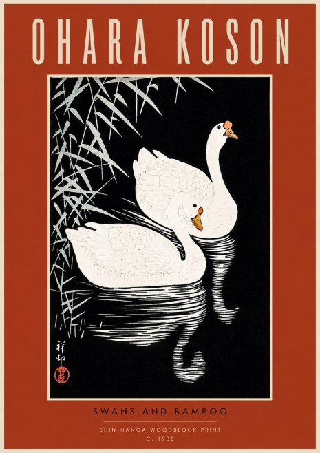 Ohara Koson Swans and Bamboo No4 - Plakát