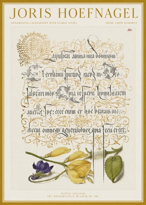 Joris Hoefnagel Ornamental Calligraphy with Floral Study No1 - Plakát