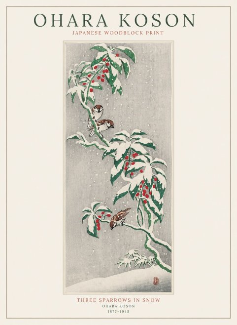 Ohara Koson Three Sparrows in Snow No1 - Plakát
