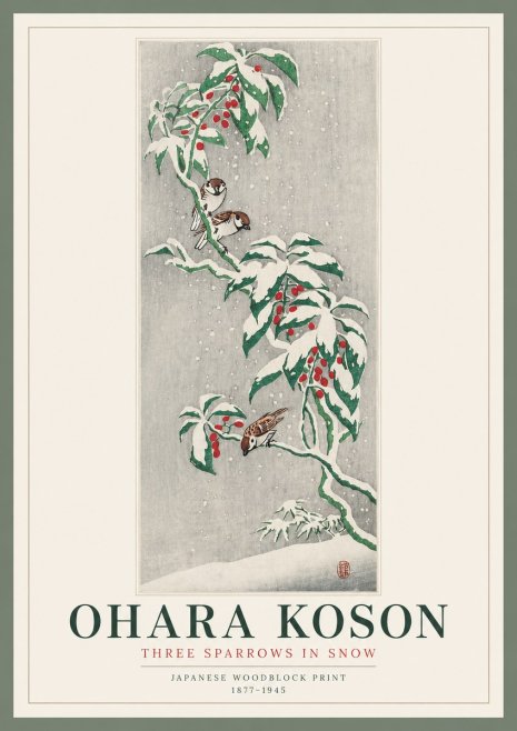 Ohara Koson Three Sparrows in Snow No2 - Plakát