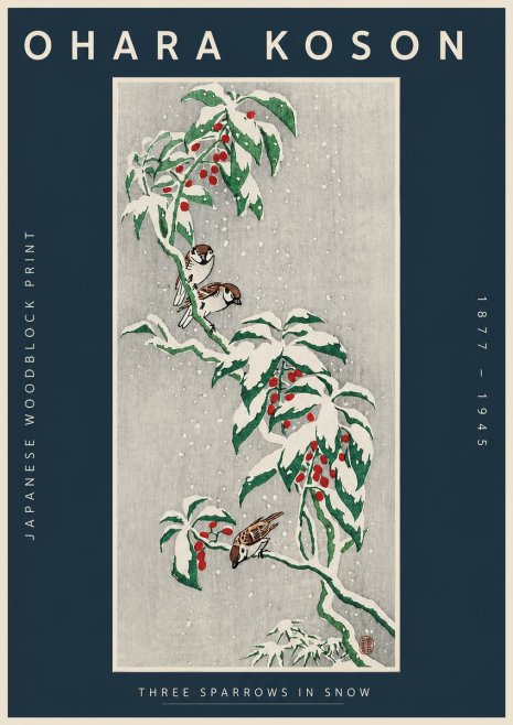 Ohara Koson Three Sparrows in Snow No4 - Plakát