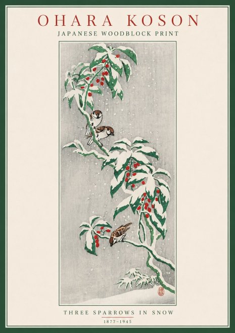 Ohara Koson Three Sparrows in Snow No5 - Plakát