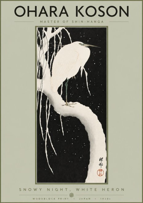 Ohara Koson Snowy Night, White Heron No2 - Plakát