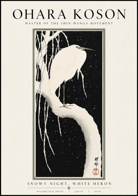 Ohara Koson Snowy Night, White Heron No4 - Plakát