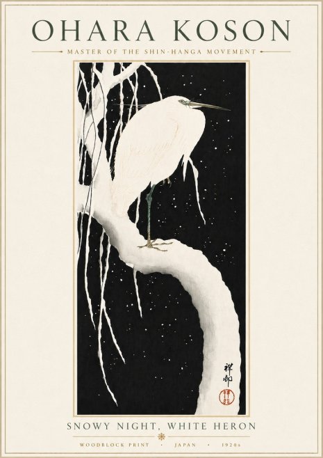 Ohara Koson Snowy Night, White Heron No6 - Plakát