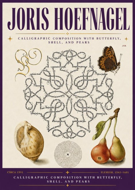 Joris Hoefnagel Calligraphic Composition with Butterfly, Shell, and Pears No6 - Plakát