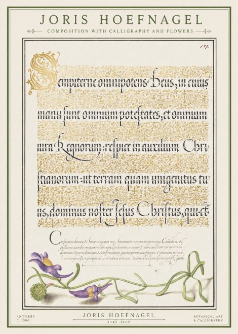 Joris Hoefnagel Composition with Calligraphy and Flowers No1 - Plakát