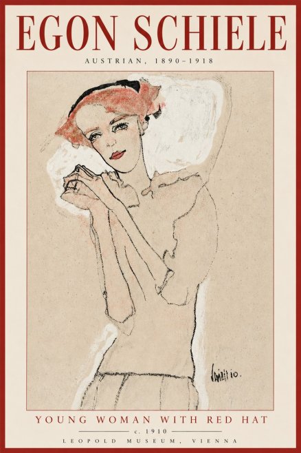 Schiele Young Woman with Red Hat No2 - Plakát