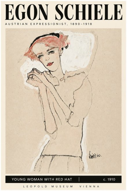 Schiele Young Woman with Red Hat No3 - Plakát