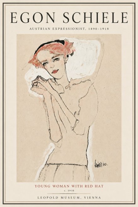 Schiele Young Woman with Red Hat No5 - Plakát