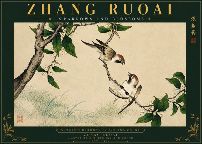 Zhang Ruoai Sparrows and Blossoms No6 - Plakát