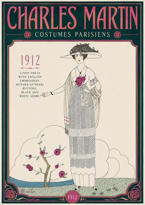 Charles Martin Linen Dress with English Embroidery, Mother-of-pearl Buttons, Black and White Shawl No4 - Plakát
