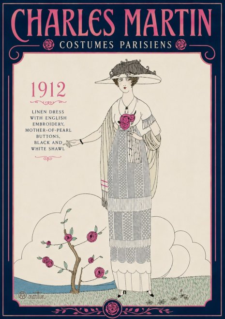 Charles Martin Linen Dress with English Embroidery, Mother-of-pearl Buttons, Black and White Shawl No5 - Plakát