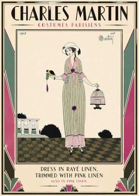 Charles Martin Dress in Rayé Linen, Trimmed with Pink Linen No3 - Plakát