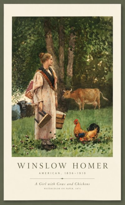 Winslow Homer A Girl with Cows and Chickens No1 - Plakát