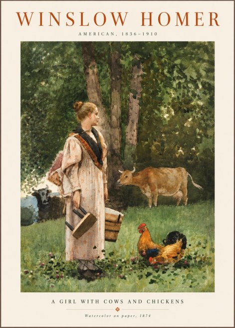 Winslow Homer A Girl with Cows and Chickens No6 - Plakát