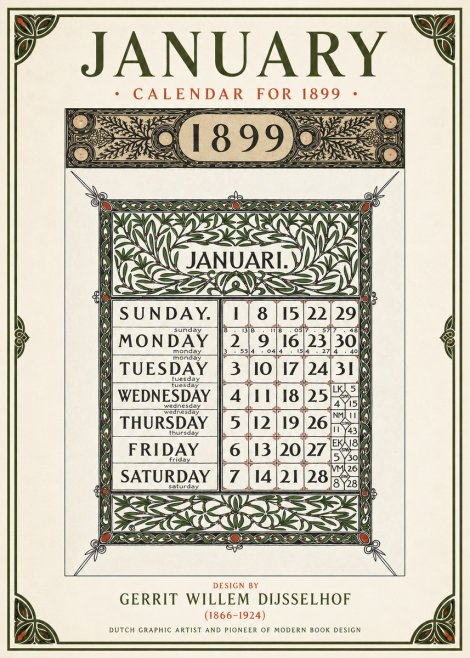 Gerrit Willem Dijsselhof January. Calendar for 1899. No1 - Plakát