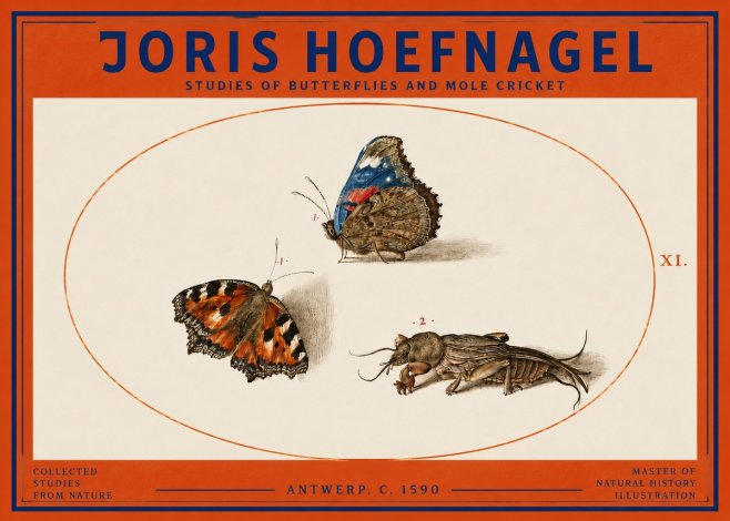 Joris Hoefnagel Studies of Butterflies and Mole Cricket No3 - Plakát