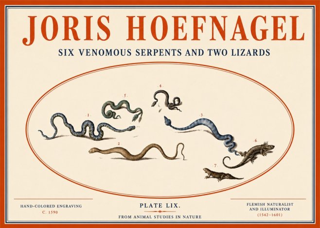 Joris Hoefnagel Six Venomous Serpents and Two Lizards No4 - Plakát