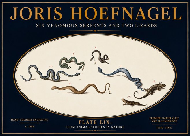 Joris Hoefnagel Six Venomous Serpents and Two Lizards No5 - Plakát