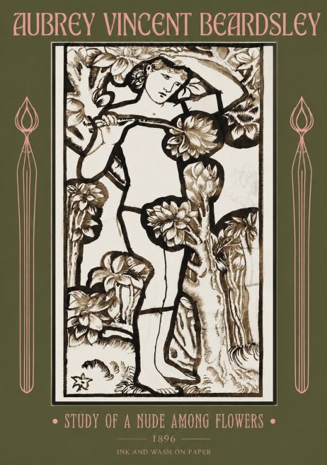 Aubrey Beardsley Study of a Nude Among Flowers No2 - Plakát