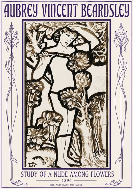 Aubrey Beardsley Study of a Nude Among Flowers No5 - Plakát