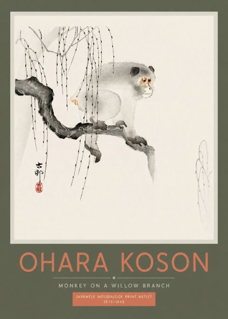 Ohara Koson Monkey on a Willow Branch No2 - Plakát