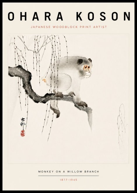 Ohara Koson Monkey on a Willow Branch No3 - Plakát