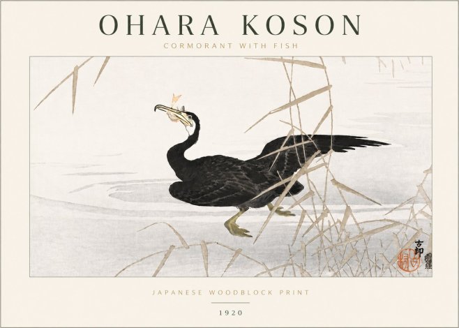 Ohara Koson Cormorant with Fish No6 - Plakát