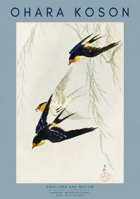 Ohara Koson Swallows and Willow I No2 - Plakát
