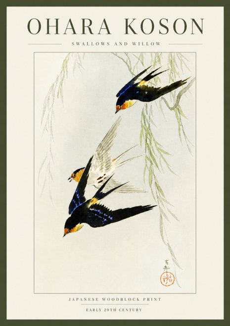 Ohara Koson Swallows and Willow I No3 - Plakát