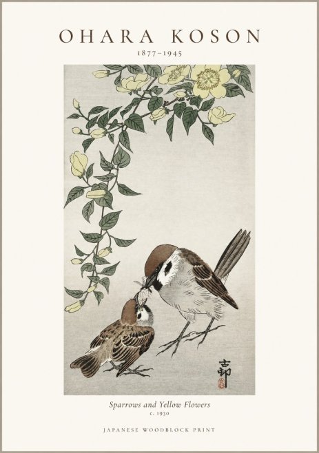 Ohara Koson Sparrows and Yellow Flowers No1 - Plakát