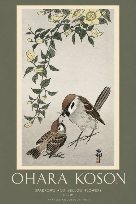 Ohara Koson Sparrows and Yellow Flowers No2 - Plakát
