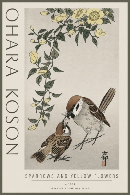 Ohara Koson Sparrows and Yellow Flowers No3 - Plakát