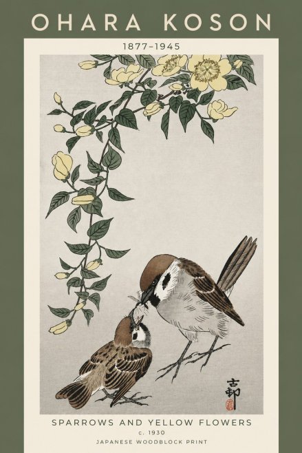 Ohara Koson Sparrows and Yellow Flowers No5 - Plakát