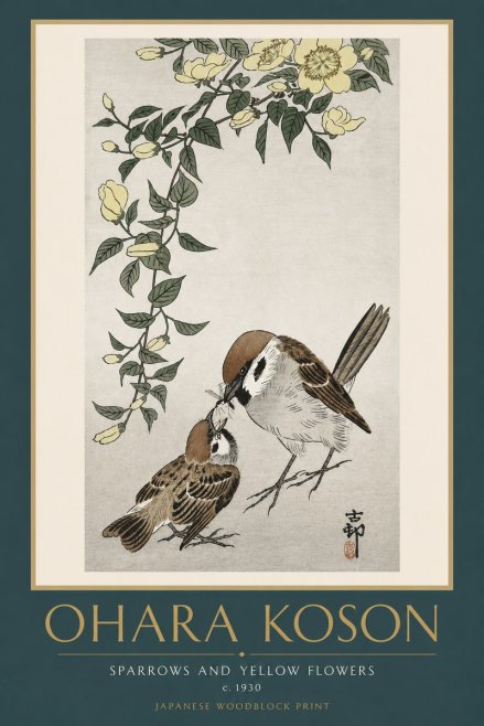 Ohara Koson Sparrows and Yellow Flowers No6 - Plakát