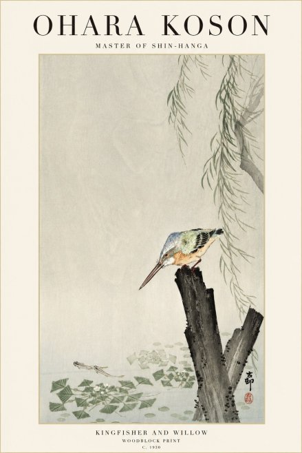 Ohara Koson Kingfisher and Willow No3 - Plakát