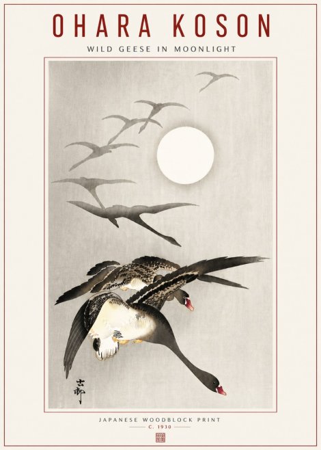 Ohara Koson Wild Geese in Moonlight I No5 - Plakát