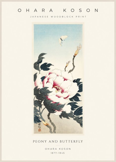 Ohara Koson Peony and Butterfly No1 - Plakát
