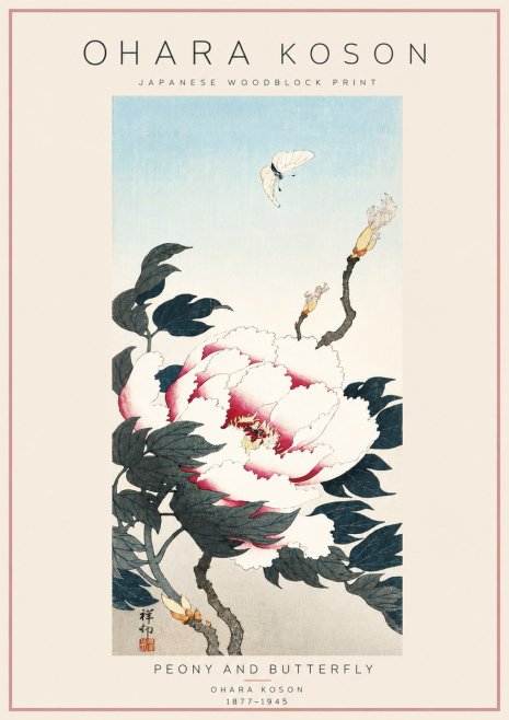 Ohara Koson Peony and Butterfly No6 - Plakát