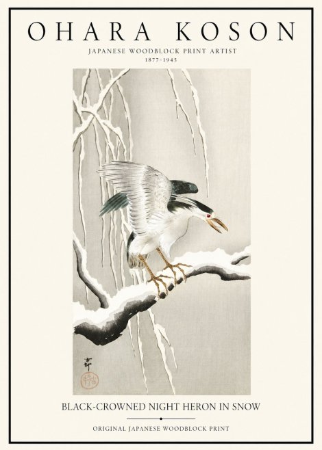 Ohara Koson Black-crowned Night Heron in Snow No1 - Plakát