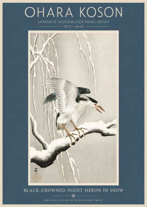 Ohara Koson Black-crowned Night Heron in Snow No2 - Plakát