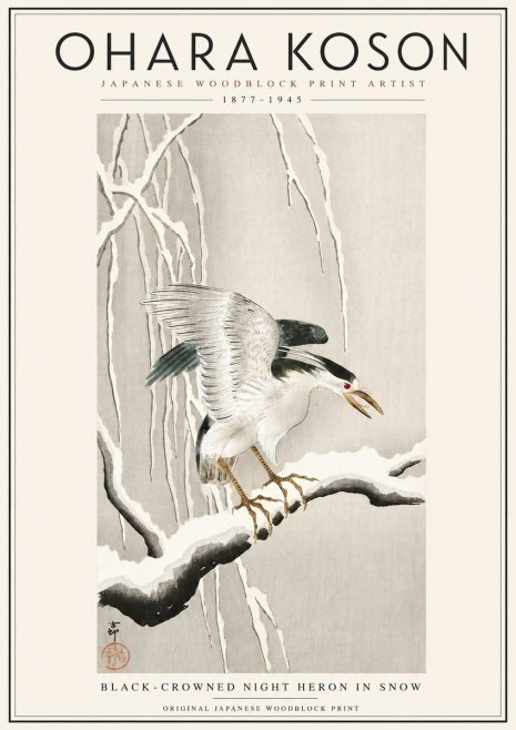 Ohara Koson Black-crowned Night Heron in Snow No3 - Plakát