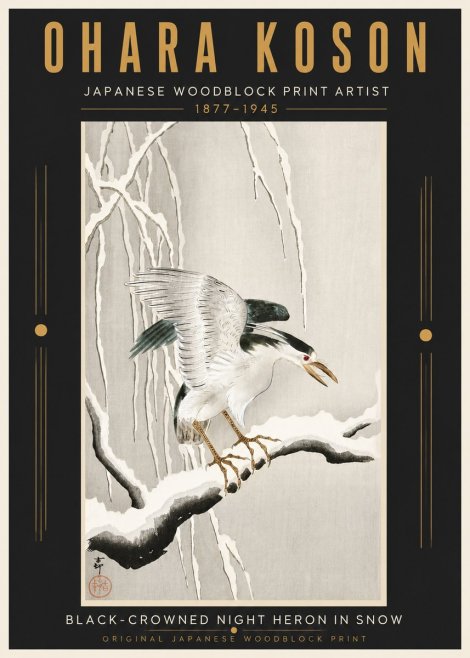 Ohara Koson Black-crowned Night Heron in Snow No5 - Plakát