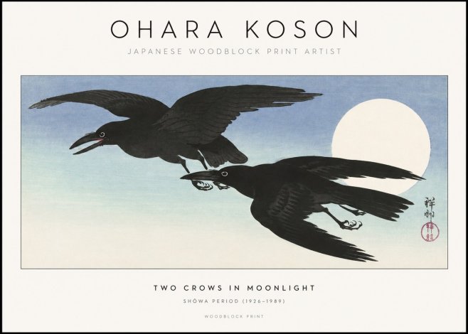 Ohara Koson Two Crows in Flight, Moonlight No2 - Plakát