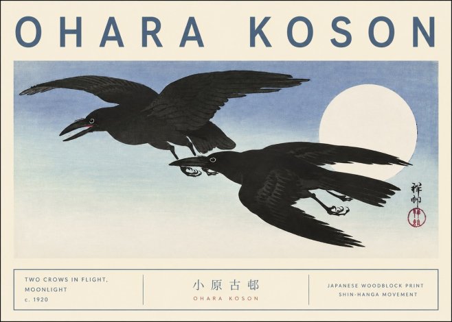 Ohara Koson Two Crows in Flight, Moonlight No3 - Plakát