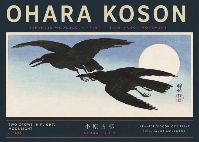 Ohara Koson Two Crows in Flight, Moonlight No6 - Plakát