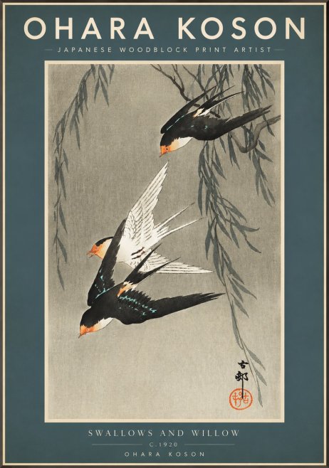 Ohara Koson Swallows and Willow II No2 - Plakát